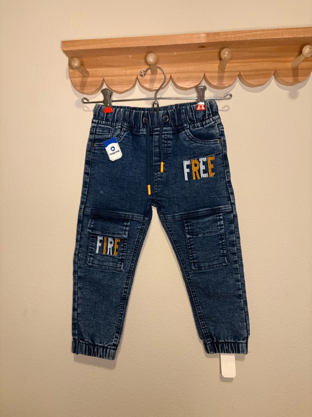 Mayoral Dark Blue Denim Jogger Pants with 'FREE' Patch